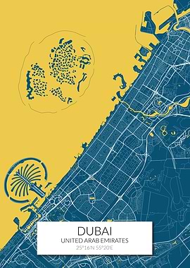 Dubai Map Blue Yellow