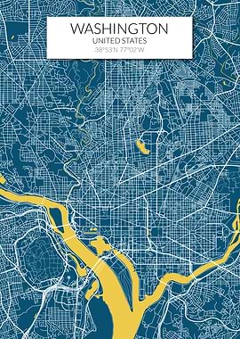 Washington Map Blue Yellow