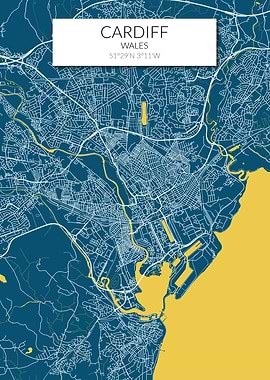 Cardiff Map Blue Yellow