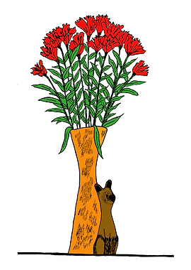 Red Flowers with Wooden Ca