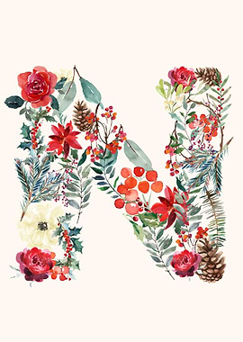 N Alphabet Floral Watercol