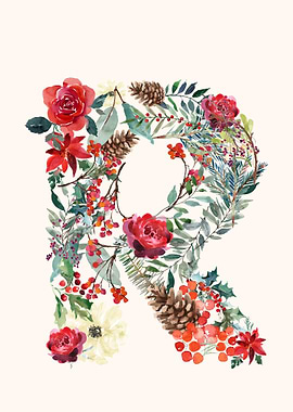 R Alphabet Floral Watercol