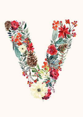 V Alphabet Floral Watercol