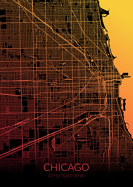 Chicago Map Black Orange