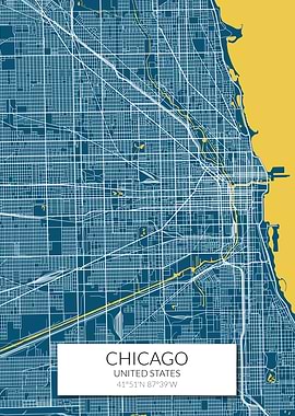 Chicago Map Blue Yellow