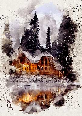 Watercolour Winter Cabin