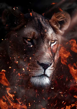 wild lioness on fire art