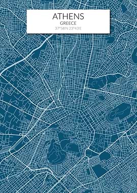 Athens Map Blue White