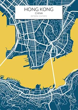 Hong Kong Map Blue Yellow