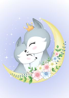 Cute couple fox and moon