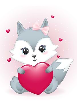 Cute little fox and heart