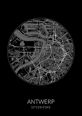 Antwerp City Map Black