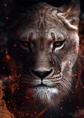 wild lioness face on fire