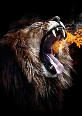 wild lion on fire artwork
