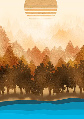 Sunset on river and trees