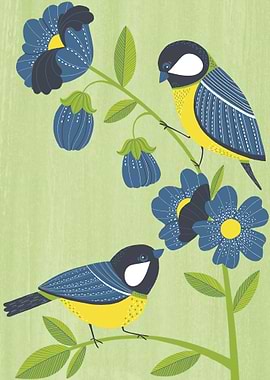 great tits and blue flower