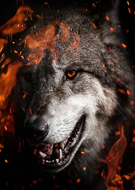 angry wolf on fire artwork