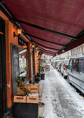 orange cafe in snowy day