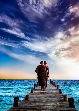 Two monks on a pier