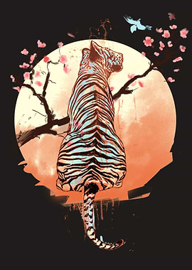 Tiger at sakura tree