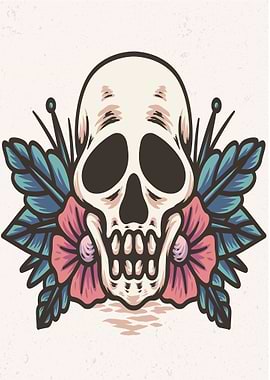 skull with red flower