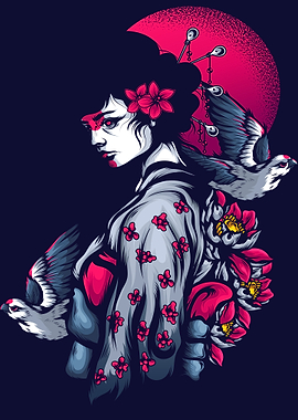 girl kimono red white rose