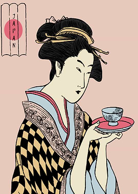 woman kimono tea cup blue