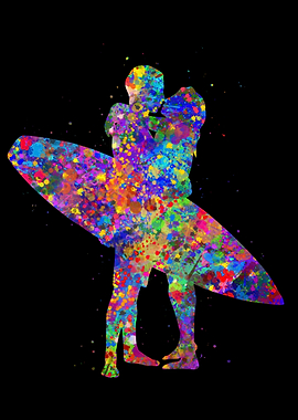 Surfing couple watercolor