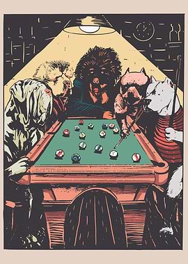 DOGS PLAYING BILLIARDS