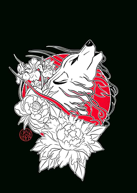 Japanese wolf and flowers