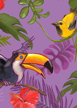 Colorful birds and flowers