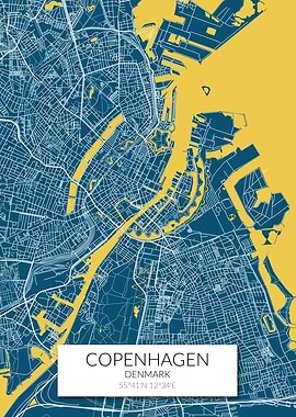 Copenhagen Map Blue Yellow