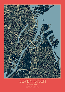 Copenhagen Map Red Blue