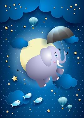 Flying elephant on sky