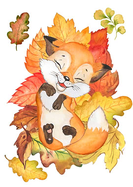 Cute fox in autumn leaves