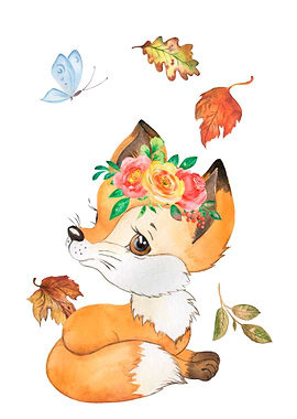 Cute fox autumn leaves sit