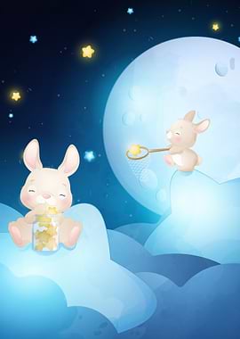 cute bunnys moon and stars