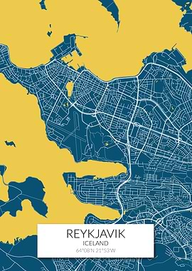 Reykjavik Map Blue Yellow