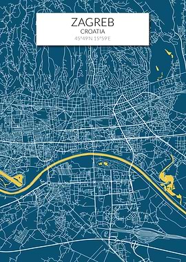 Zagreb Map Blue Yellow