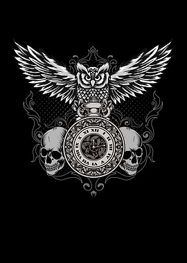 Owl With Clock Skull Time