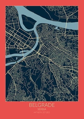Belgrade Map Red Blue
