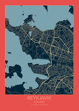 Reykjavik Map Red Blue