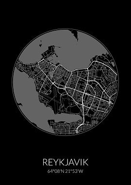 Reykjavik City Map Black