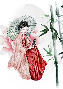 Geisha sits near a golden