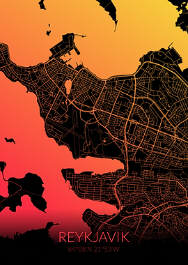 Reykjavik Map Black Orange