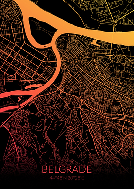 Belgrade Map Black Orange