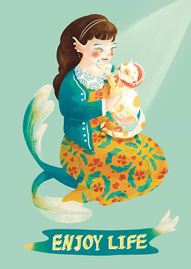 Mermaid feeding baby cat