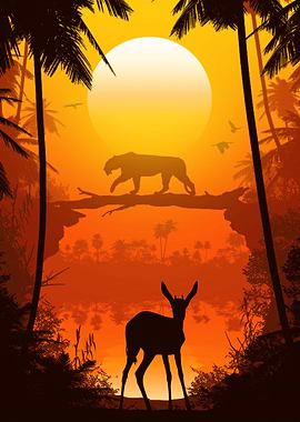 Tiger hunting sunset