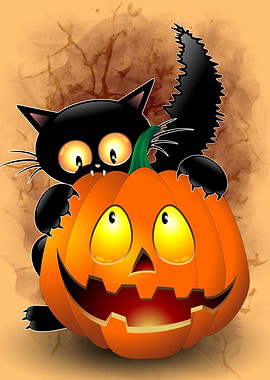 Cat Cartoon biting Pumpkin