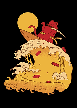 Cat surfing in pizza wave